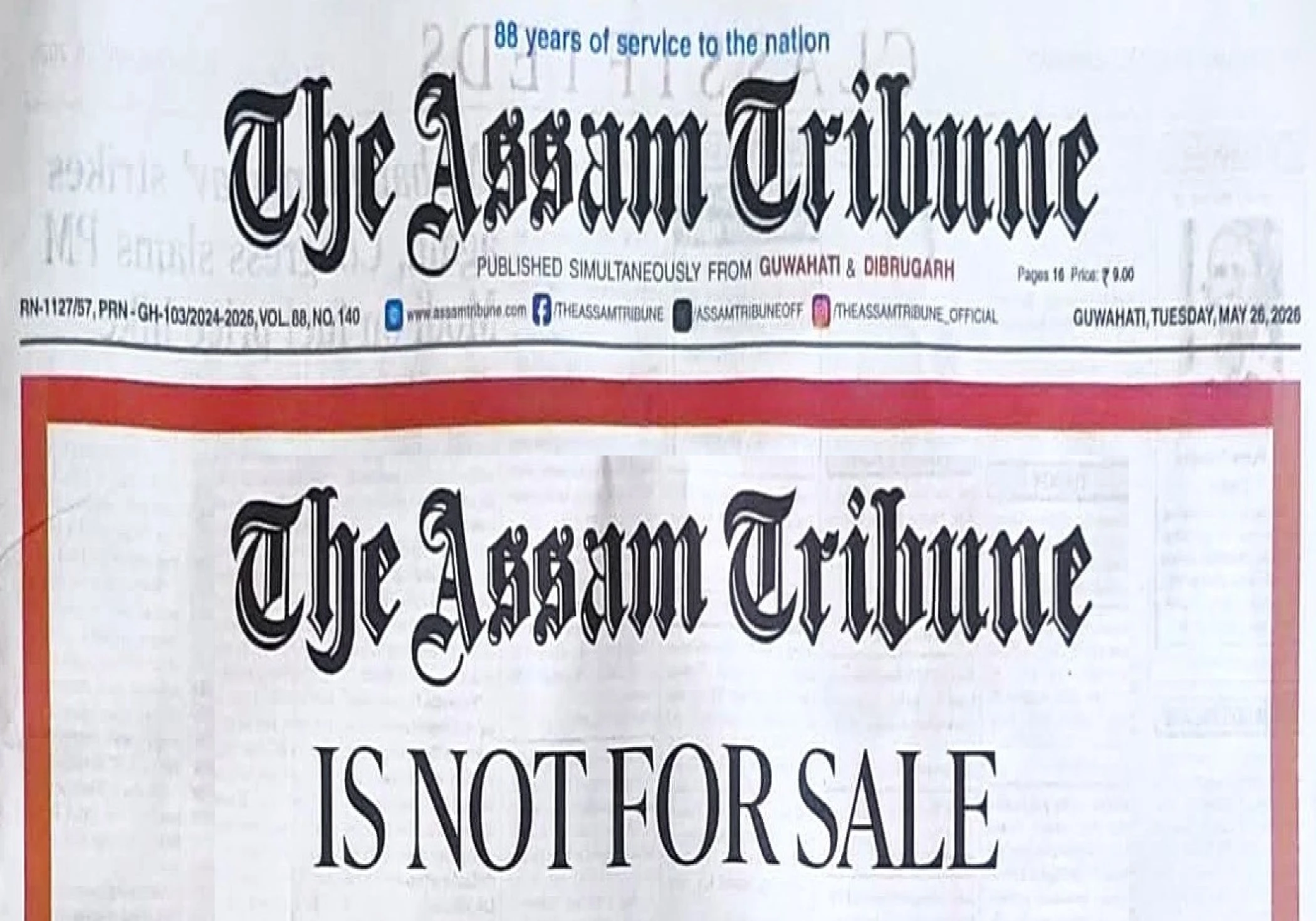 The Assam Tribune—This Newspaper is Not For Sale!
